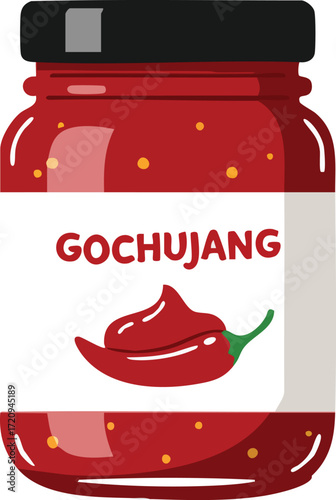 A jar of Gochujang, a Korean chili paste, with a chili pepper illustration on the label.