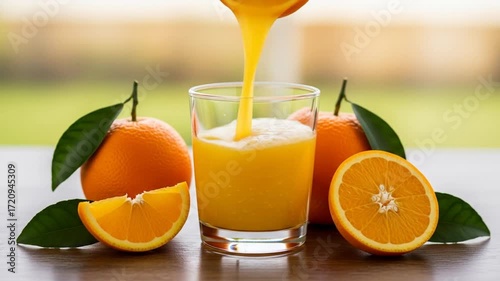Freshly Squeezed Orange Juice Pouring Into Glass With Whole and Sliced Oranges on Wooden Surface