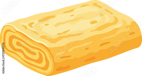 A delicious-looking tamagoyaki, a Japanese rolled omelet, is shown in detail.