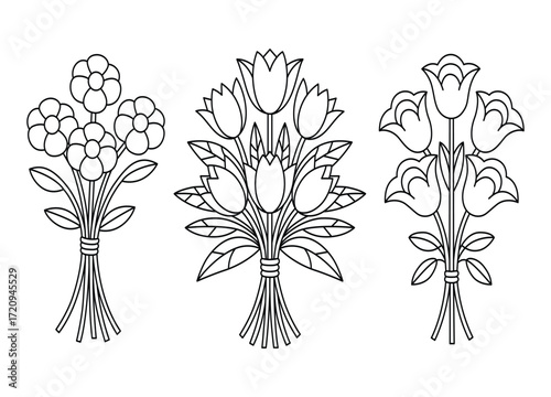 Elegant Line Art Floral Bouquets Collection of Three Different Flower Arrangements for Coloring Pages or Invitations