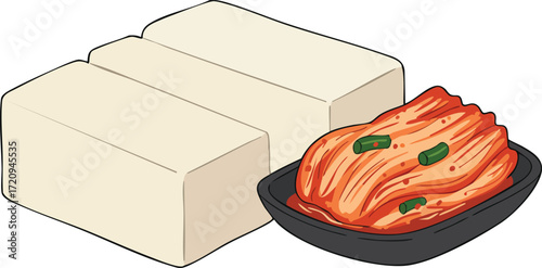 Illustration of tofu blocks next to a dish of kimchi.
