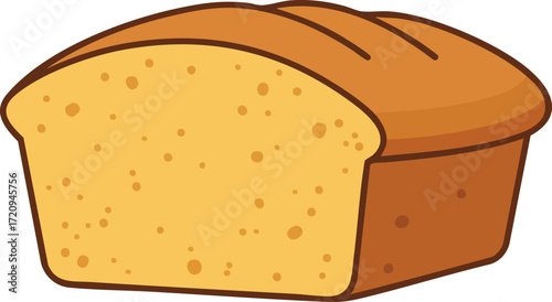 A cartoon illustration of a golden brown loaf of bread, sliced open to show its textured interior.