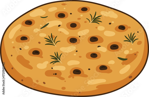 Close-up of a golden-brown focaccia bread with herbs and olives.