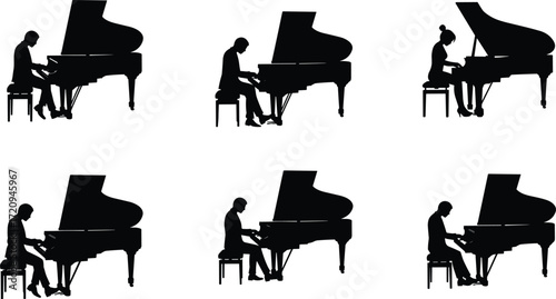 Grand piano silhouette, pianist playing, seated musician, classical music pose, black vector art, side profile, performance scene, elegant illustration