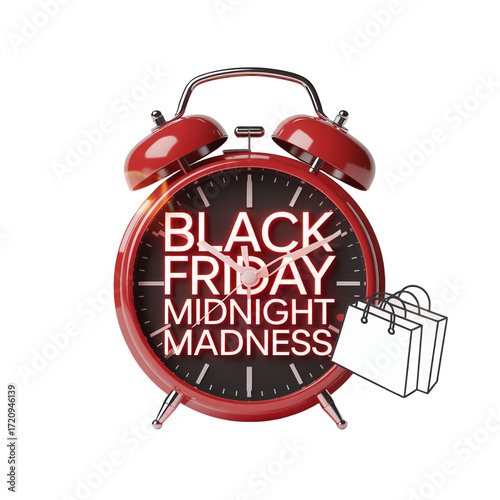 Red alarm clock announces black friday midnight madness with shopping bags on transparent background