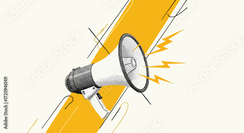 Illustration of a megaphone with sound waves, set against a yellow and white background.