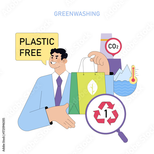 Greenwashing Concept Vector Illustration with Plastic Free Claim