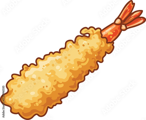 A single, golden-brown, crispy shrimp tempura, a popular Japanese deep-fried seafood dish.