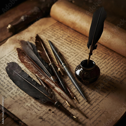 Vintage Quill Pens and Inkwell on Ancient Parchment, Evoking Timeless Tales and Scholarly Pursuits