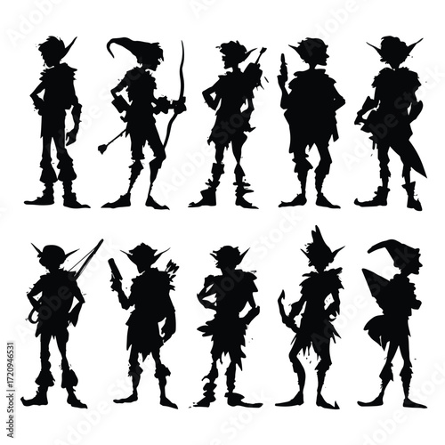Collection of black and white elf silhouettes for design
