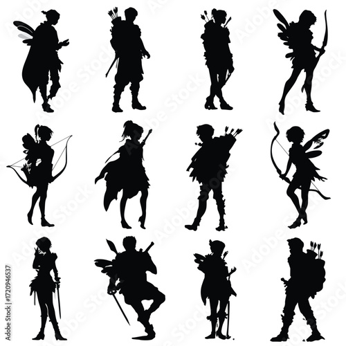 Collection of black and white elf silhouettes