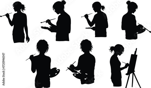 Painter silhouette, woman artist pose, black vector art, painting action icon, creative process illustration, brush, palette, easel, white background