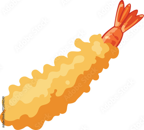 A single piece of golden-brown fried shrimp, often called Ebi Fry or shrimp tempura, with its tail visible, on a white background.