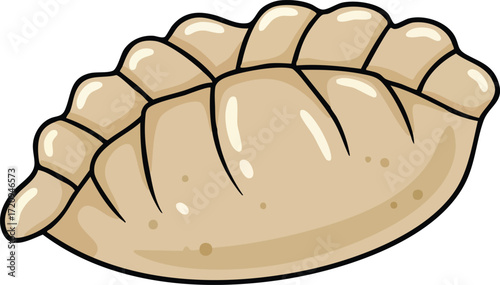 A detailed illustration of a single, appetizing dumpling, showcasing its textured surface and shape.