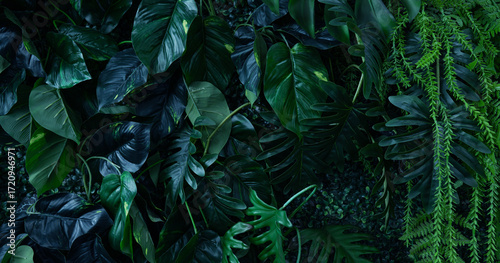 Full Frame of Green Leaves Pattern Background, Nature Lush Foliage Leaf Texture, tropical leaf