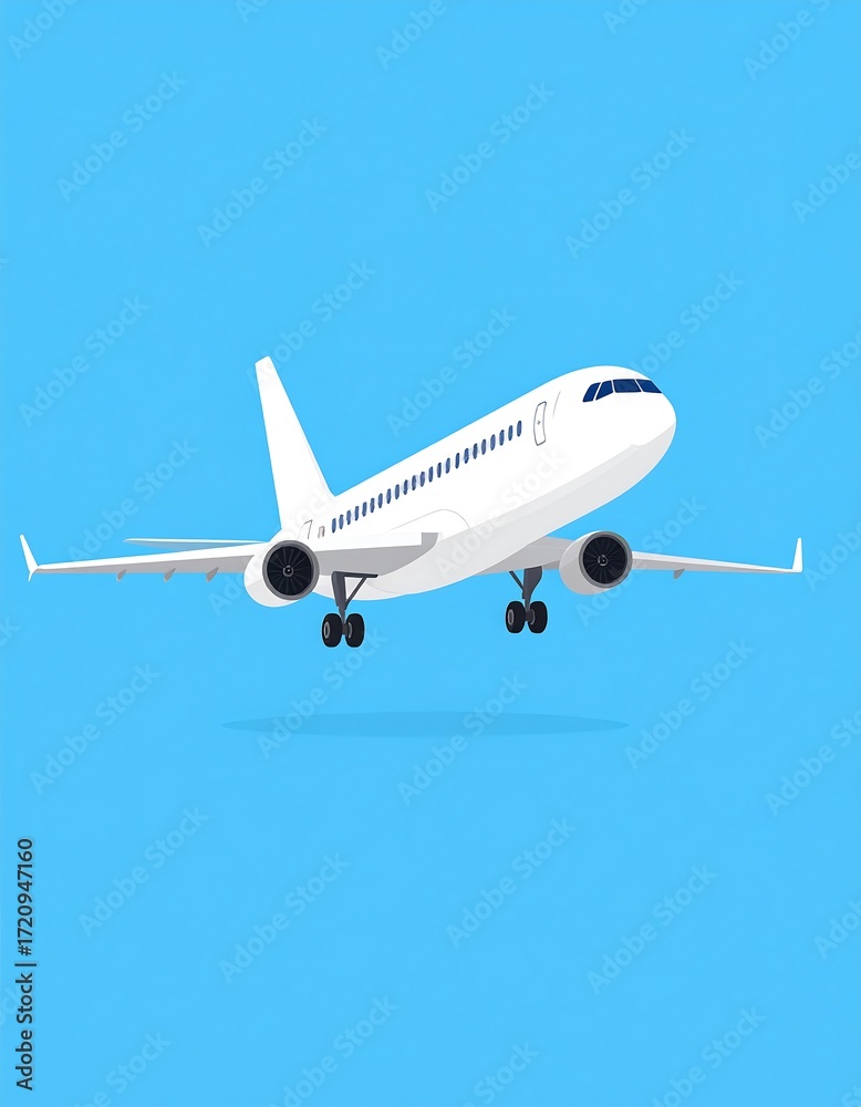 Obraz premium White airplane taking off against a light blue background