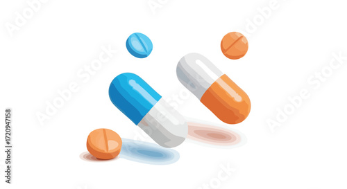 A vibrant illustration showcasing various pills and capsules, representing medication and healthcare.