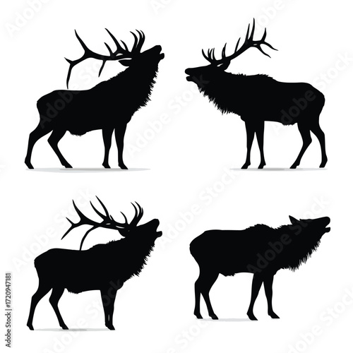 Elk bugling silhouette set black and white illustration