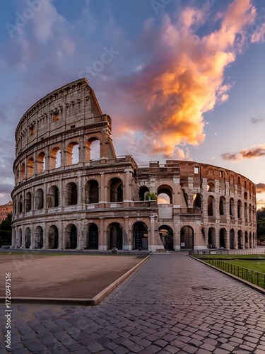 Iconic colosseum in rome bathed in the warm glow of a dramatic sunset sky