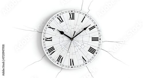A cracked wall clock, placed on a clean white background