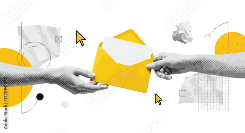 Two hands exchanging a yellow envelope with a white letter, surrounded by abstract graphic elements and mouse cursors, symbolizing communication and digital interaction.