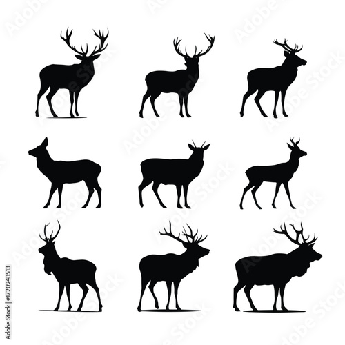 Black and white elk head silhouette set for banners and ads