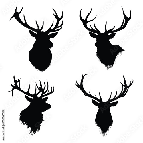 Black and white elk silhouette head set for banners and advertisements