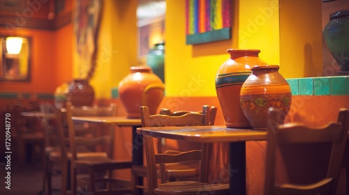 mexican. Colorful decor and wooden tables with traditional pottery fill an authentic Mexican restaurant interior. lifestyle magazines.