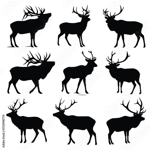 Black and white elk silhouette set for design