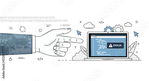 A hand pointing towards a laptop screen displaying an error message, symbolizing a technical issue or bug in programming.