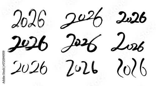 Nine different handwritten or calligraphic designs of the year "2026" in black ink on a white background.