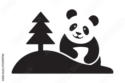 Adorable giant panda silhouette with pine tree scene for wildlife conservation themes silhouette