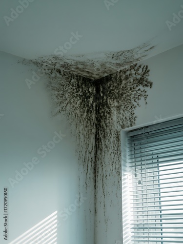 Water damage on a white ceiling in a room with blinds on the window