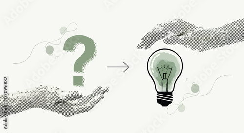 Abstract illustration of hands transforming a question mark into a glowing lightbulb, symbolizing problem-solving and innovative ideas.