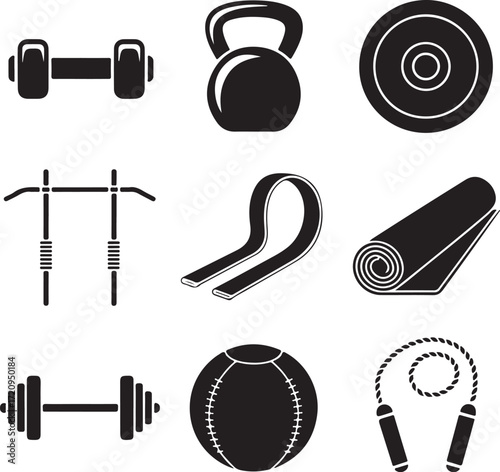 Set of nine detailed home gym equipment icons with transparent background fitness workout