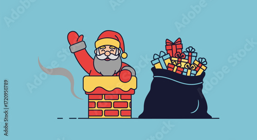 Santa Claus waving from chimney with sack full of gifts on a blue background