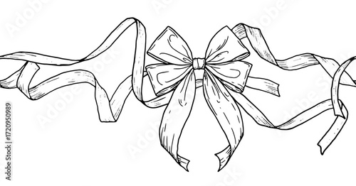 Elegant bow and ribbons, black and white sketch. Vector illustration. Seamless horizontal curb is isolated on a white background. For printing on textiles, for postcards, invitations, banners