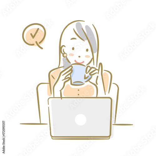 ノートパソコンの前で笑顔でコーヒーを飲む女性　ソフトなタッチのお洒落な線画イラスト