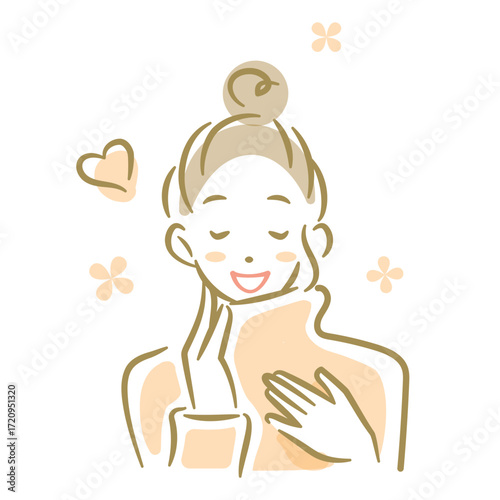 肌触りの良いセーターに笑顔になる女性　ソフトなタッチのお洒落な線画イラスト