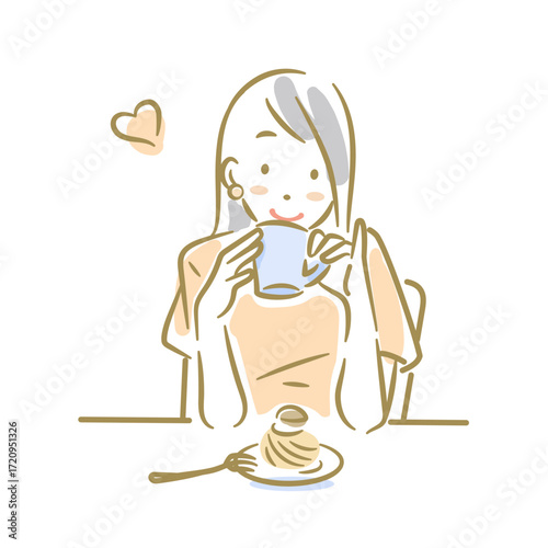 デザートを楽しむ女性　ソフトなタッチのお洒落な線画イラスト