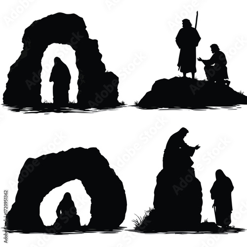 Empty tomb silhouette set black and white illustration