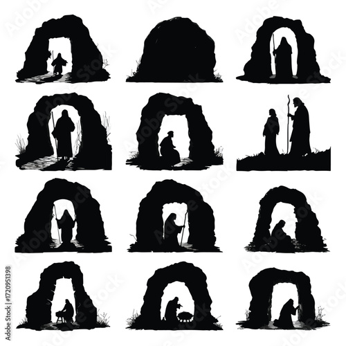 Empty tomb silhouette set black and white illustration