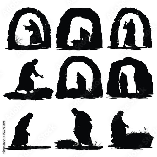 Empty tomb silhouette set black and white illustration