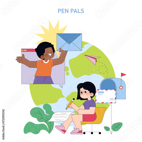 Kids Communicating as Pen Pals Vector Illustration