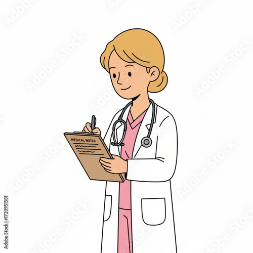 A female doctor is smiling while writing notes on a clipboard. She is wearing a white coat, a stethoscope around her neck, and pink scrubs underneath.