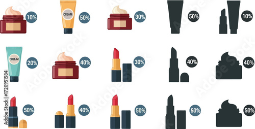 Cosmetic products with discount percentage labels, suggesting beauty sales and promotions.