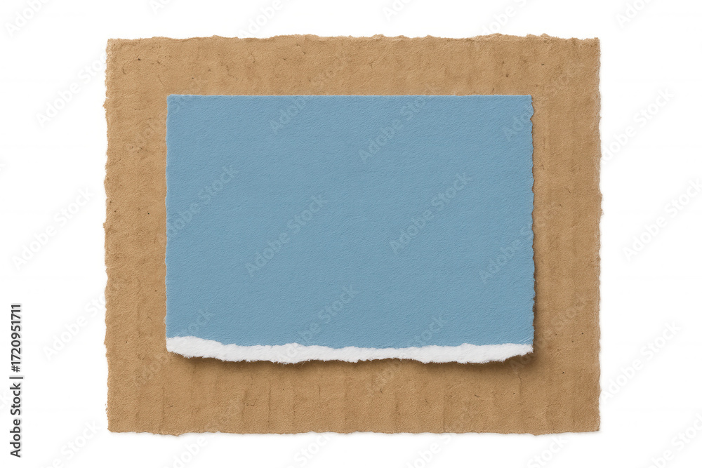 Fototapeta premium Torn paper pieces creating abstract blue and brown background for text or message, transparent background