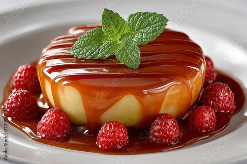 Exquisite gourmet dessert featuring creamy panna cotta drizzled with caramel sauce and garnished with ripe strawberries and fresh mint leaves creating an enticing visual delight