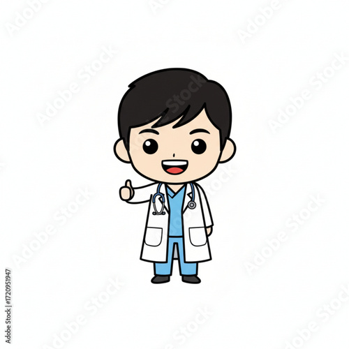 A cute cartoon male doctor is smiling and giving a thumbs up. He is wearing a white coat, blue scrubs, and a stethoscope around his neck.