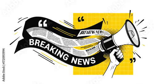 Illustration of a hand holding a megaphone with a banner of breaking news flowing out, symbolizing important announcements and media.